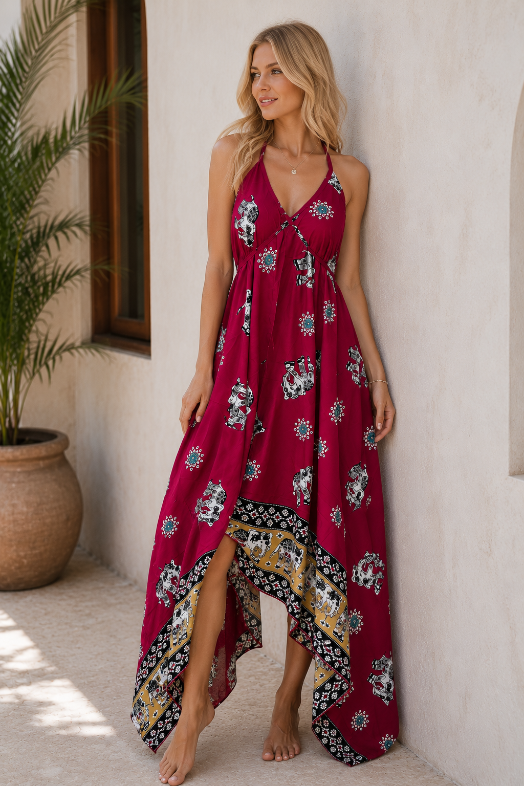 Fuschsia Elephant Paradise Halter Maxi Dress