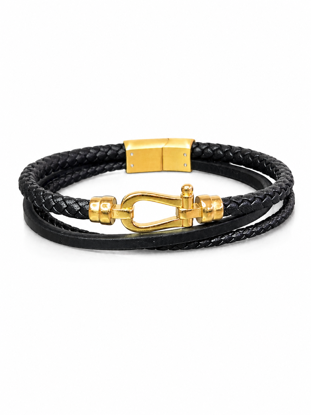 Black Braided Leather Bracelet with Gold-Tone Clasp