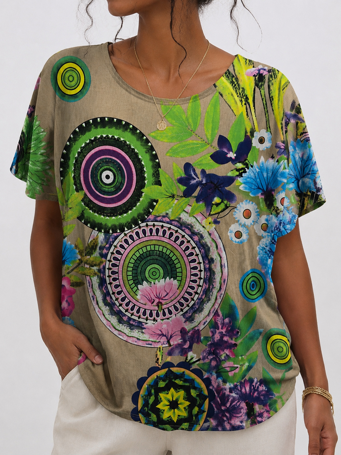 Ladies Abstract Print Diamante Blouse – Khaki