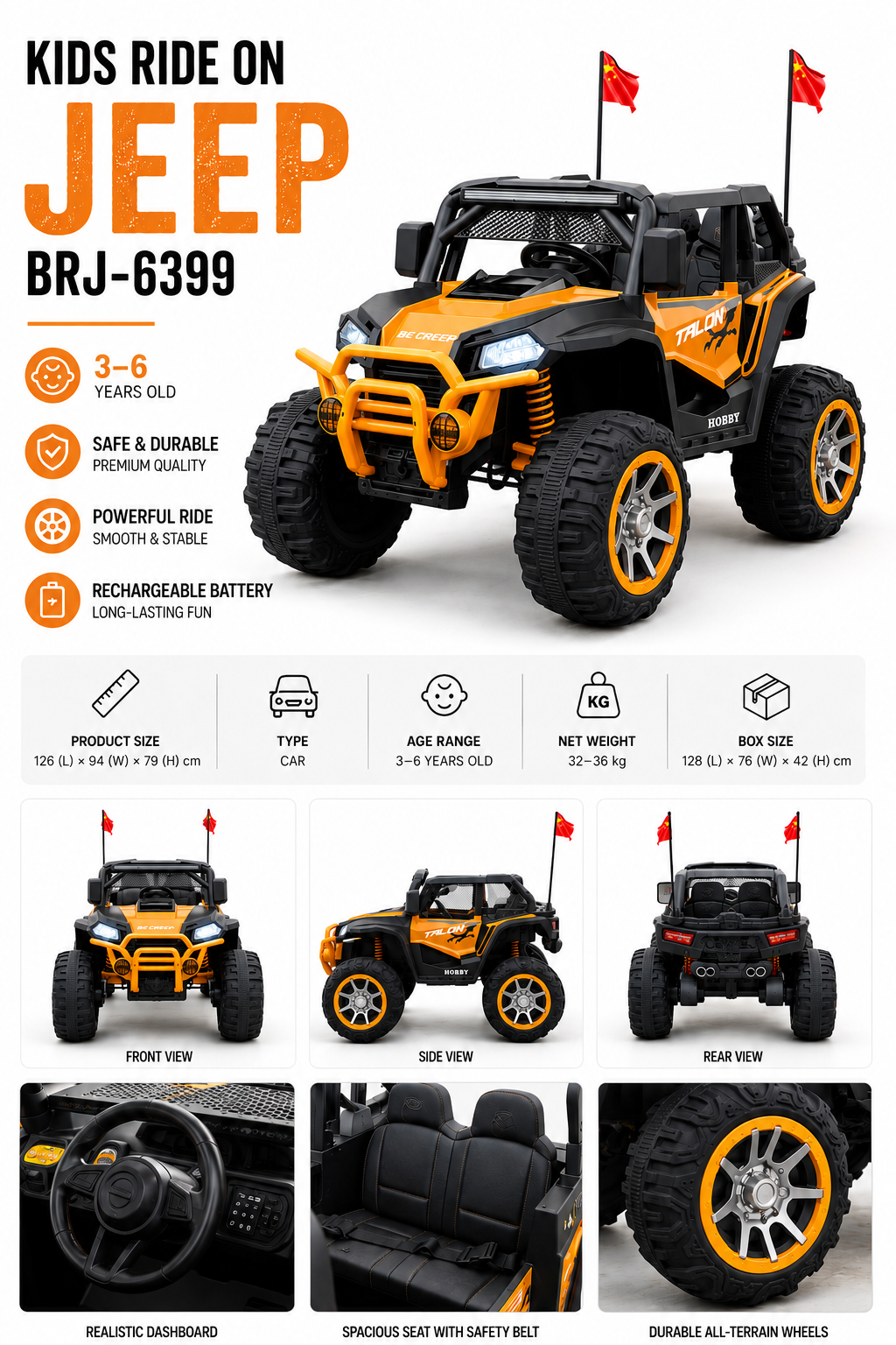 Kids 12V Electric Ride-On Jeep | Rechargeable Off-Road SUV | 3–6 Years