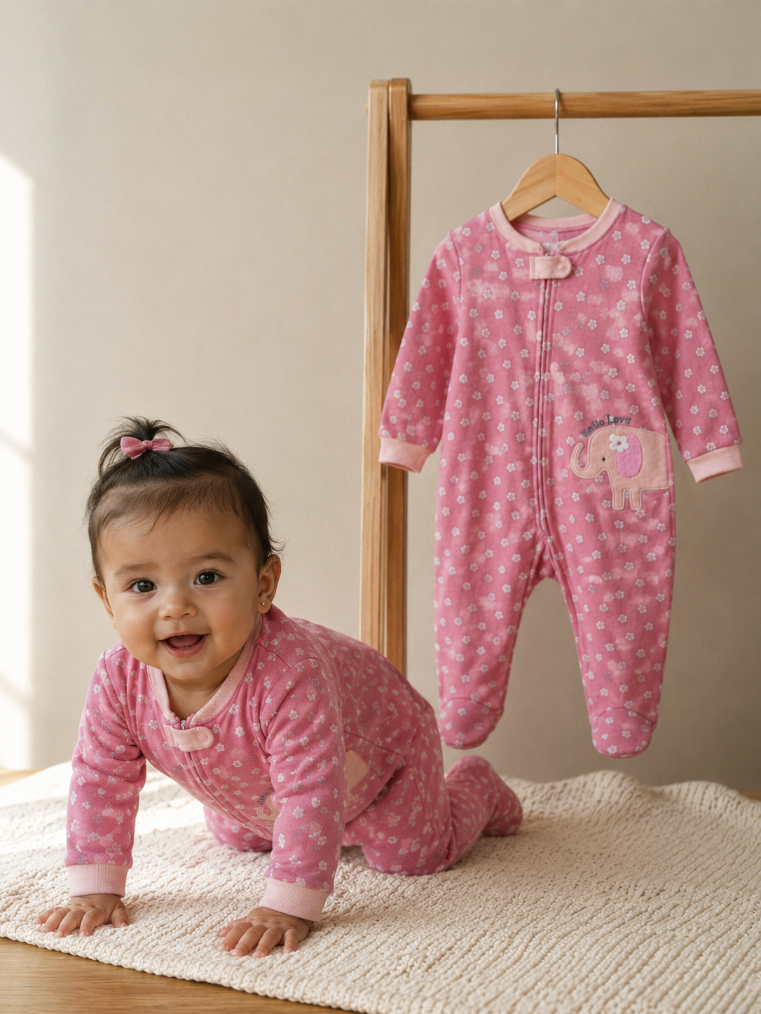 Baby Long Sleeve Footed Onesie – Pink | 0–9 Months
