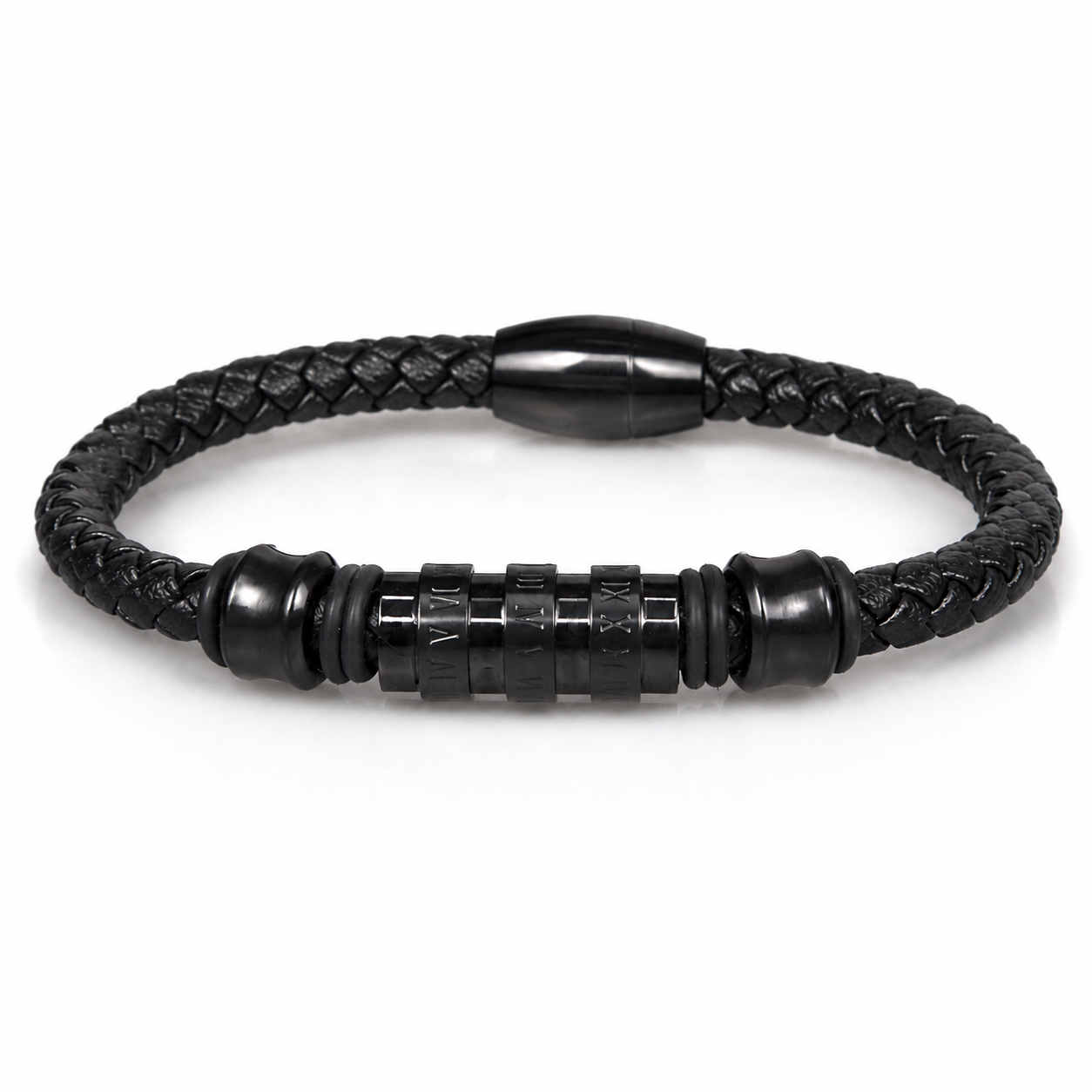 Black Braided Leather Bracelet with Black-Tone Beads