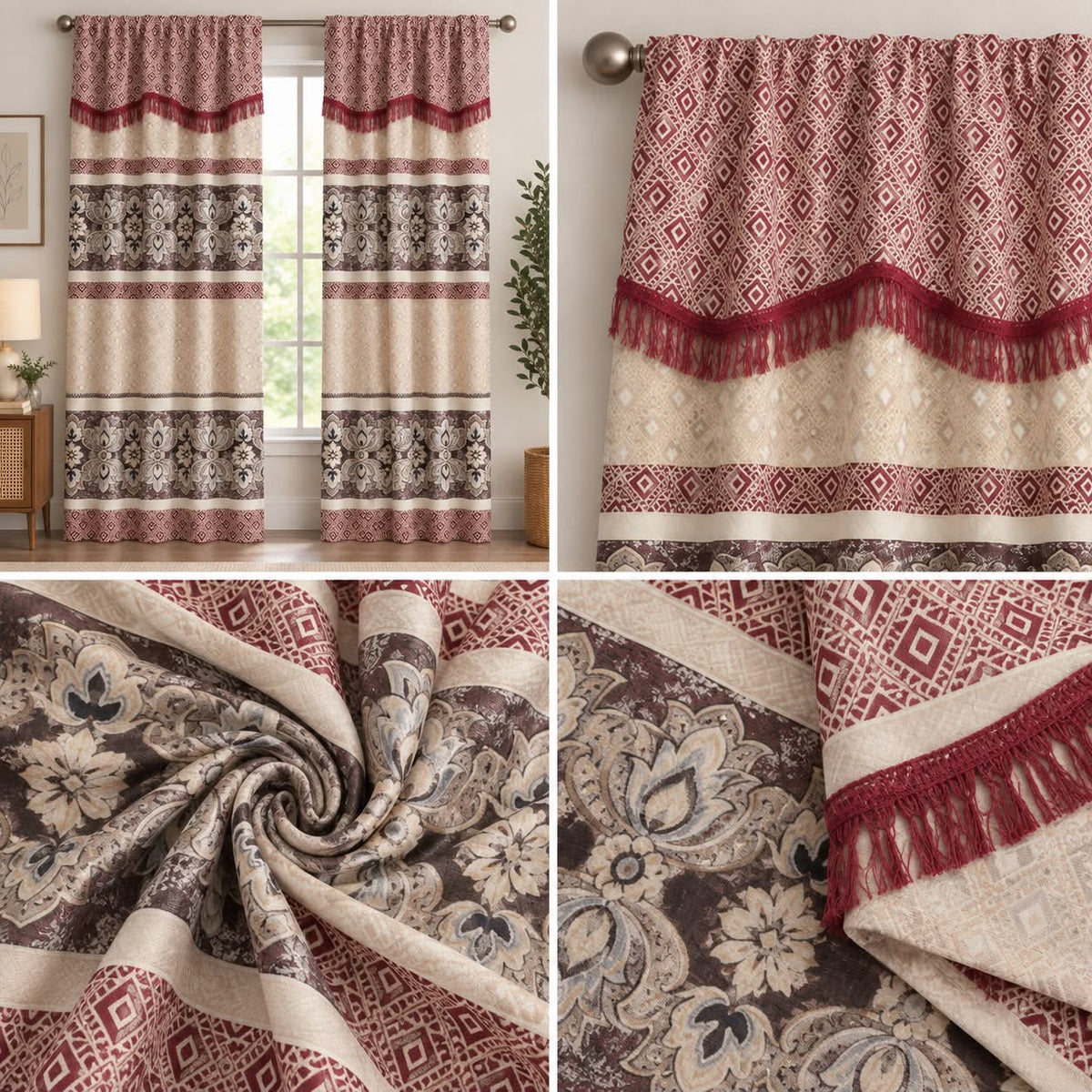 Geometric Floral Curtain Set with Fringe Trim – Burgundy & Cream