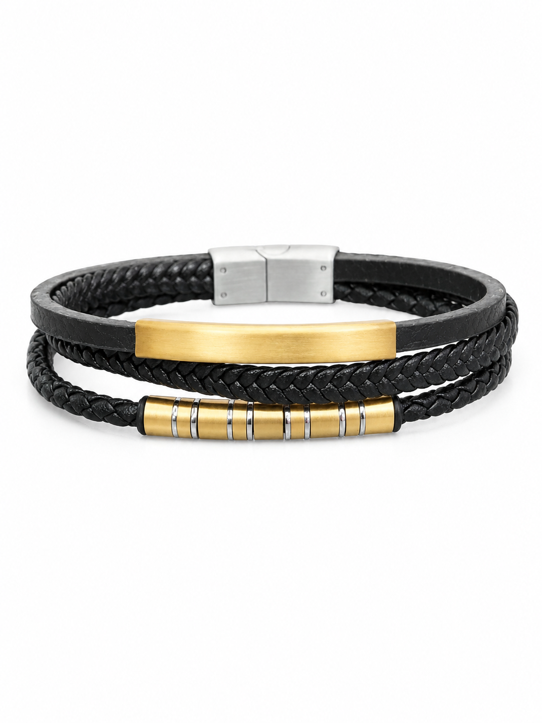 Layered Black Leather Bracelet with Gold-Tone Accent