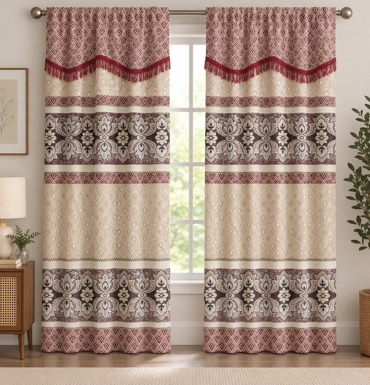 Geometric Floral Curtain Set with Fringe Trim – Burgundy & Cream