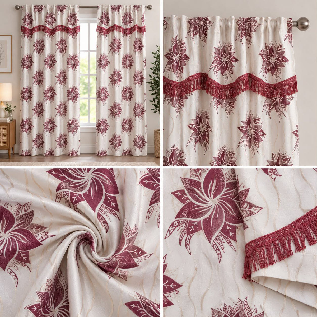 Floral Window Curtain Set with Decorative Fringe – Burgundy & Cream
