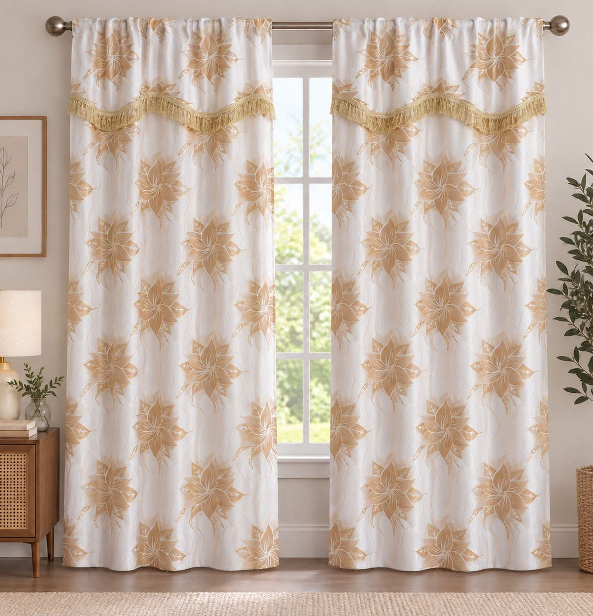 Floral Curtain Set with Decorative Fringe – Cream & Beige