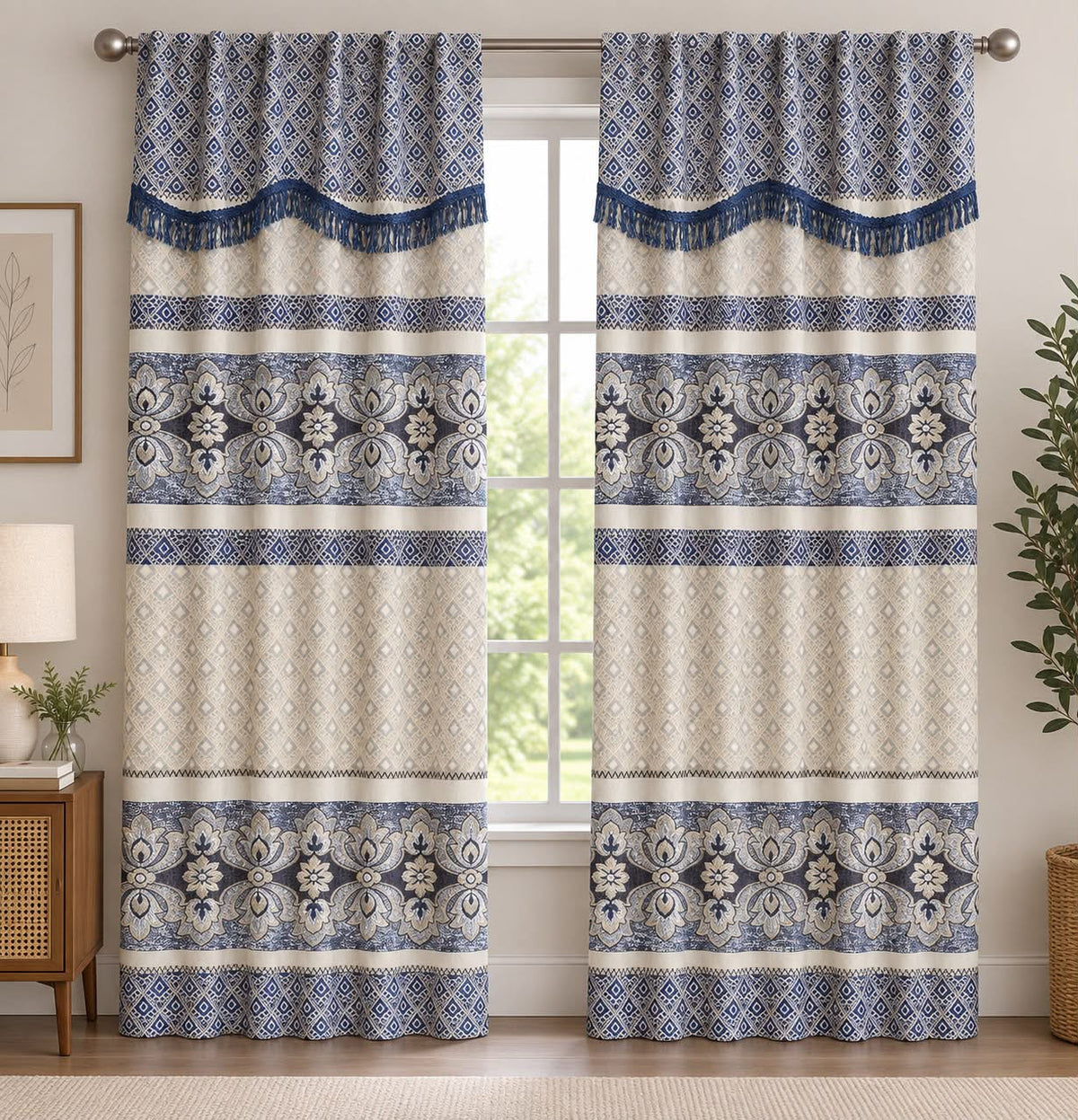 Geometric Floral Curtain Set with Fringe Trim – Navy Blue & Cream
