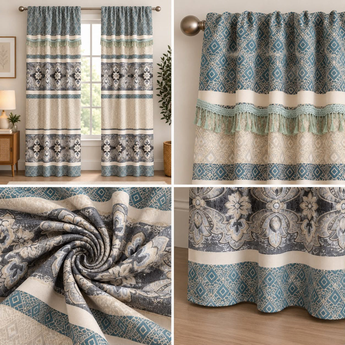 Geometric Floral Curtain Set with Tassel Trim – Teal & Cream