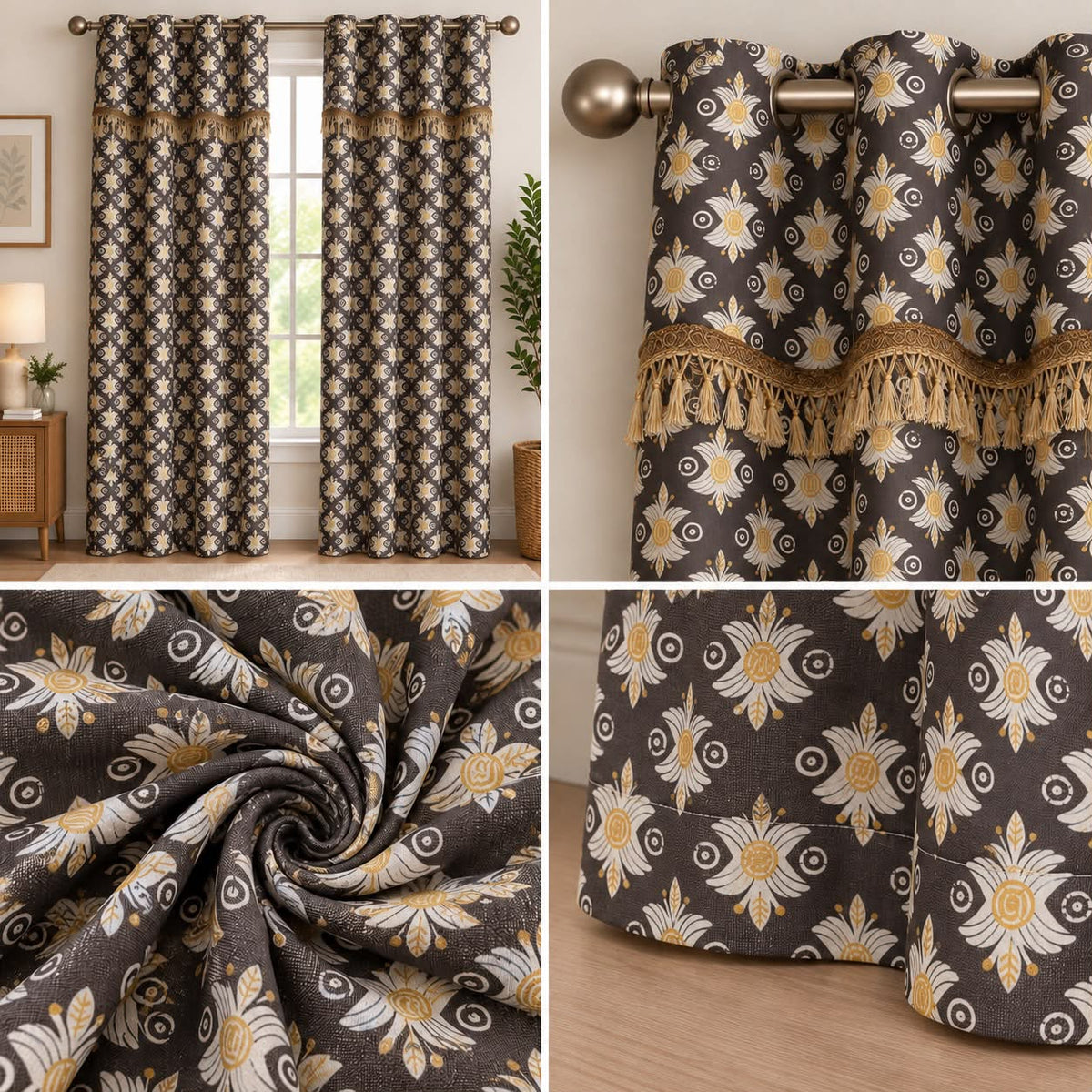 Decorative Floral Eyelet Curtain Set with Tassel Trim – Charcoal & Gold