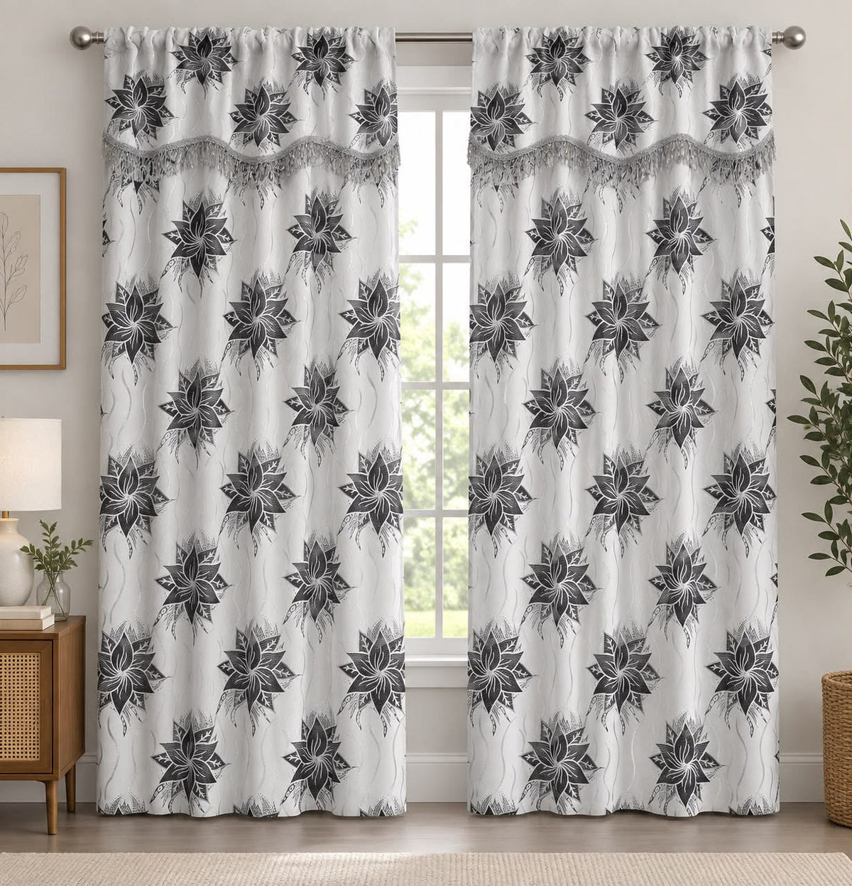 Floral Curtain Set with Decorative Fringe – Black & White