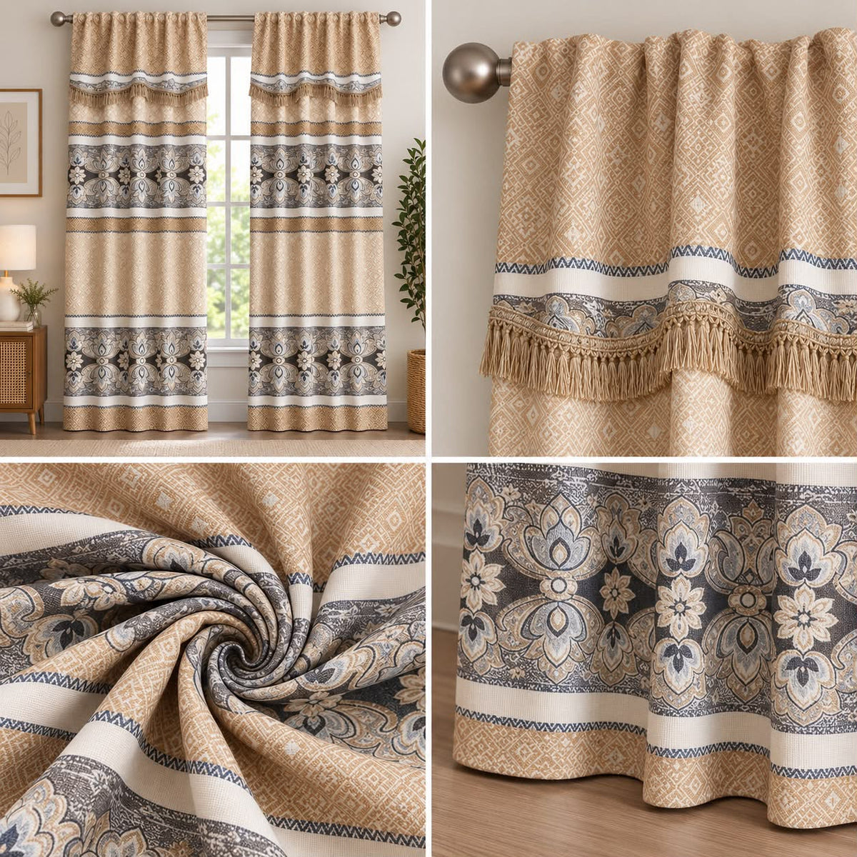 Geometric Floral Curtain Set with Fringe Trim – Beige & Grey