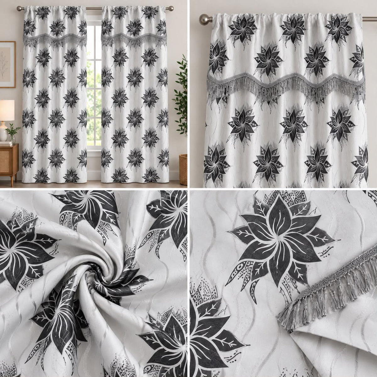 Floral Curtain Set with Decorative Fringe – Black & White