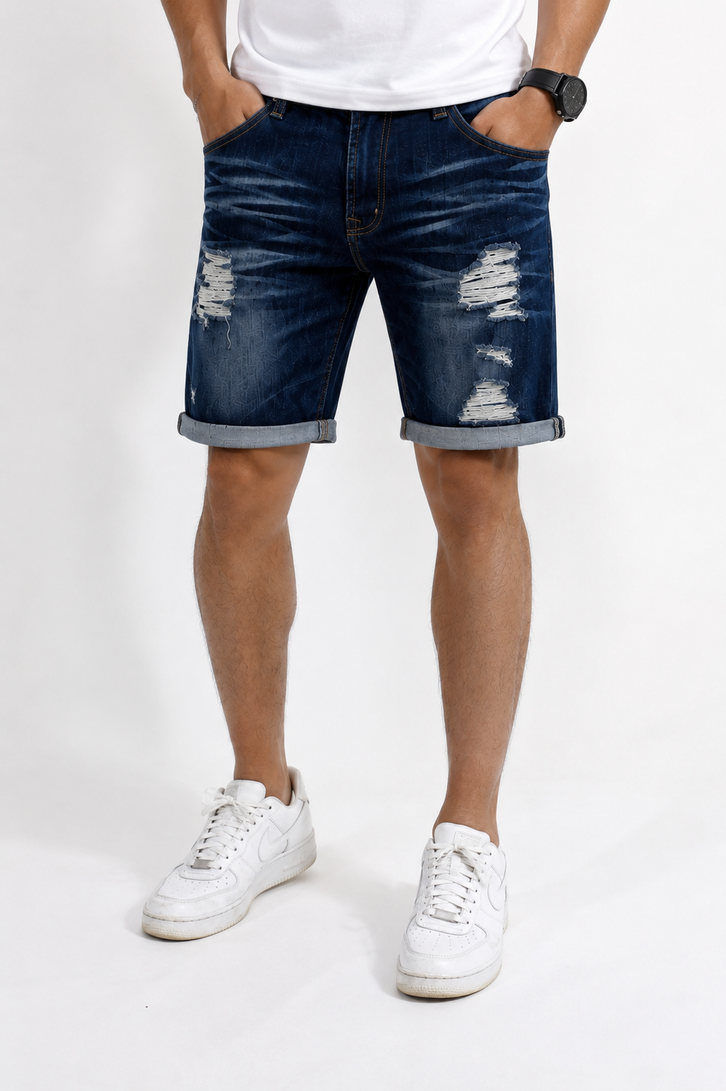 Men's Distressed Dark Wash Denim Shorts | Rolled Hem