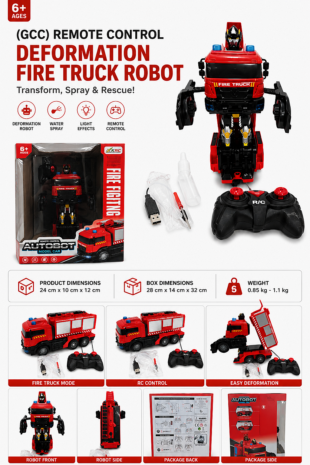 Remote Control Deformation Fire Truck Robot with Lights & Spray | RC Transforming Toy (6+)