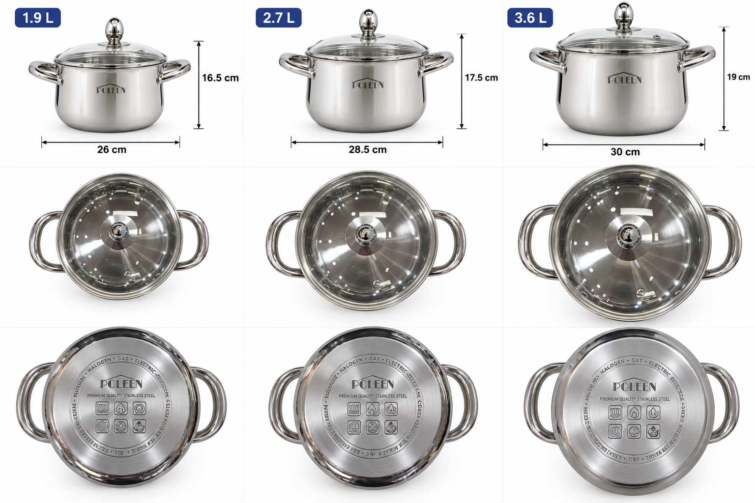 POLEEN 3-Piece Stainless Steel Pot Set with Tempered Glass Lids – PL-2142