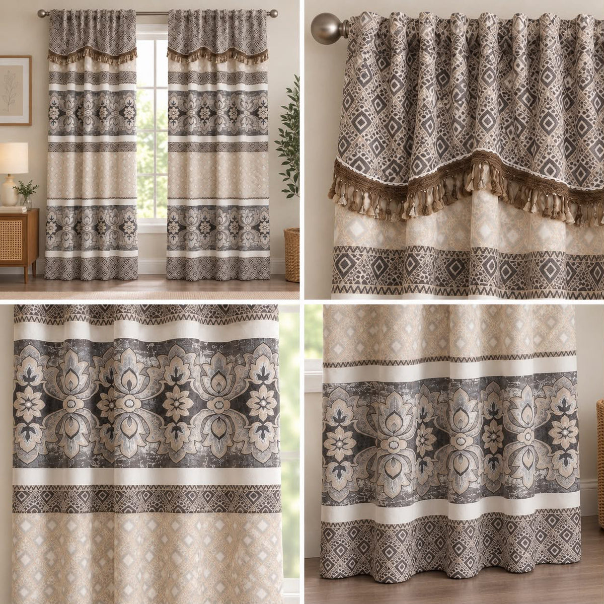 Geometric Floral Curtain Set with Tassel Trim – Beige & Grey