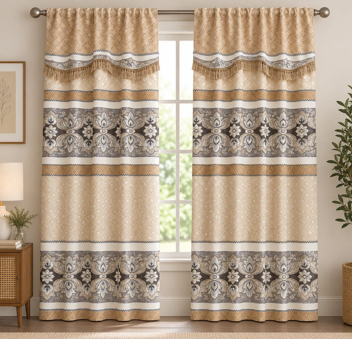 Geometric Floral Curtain Set with Fringe Trim – Beige & Grey