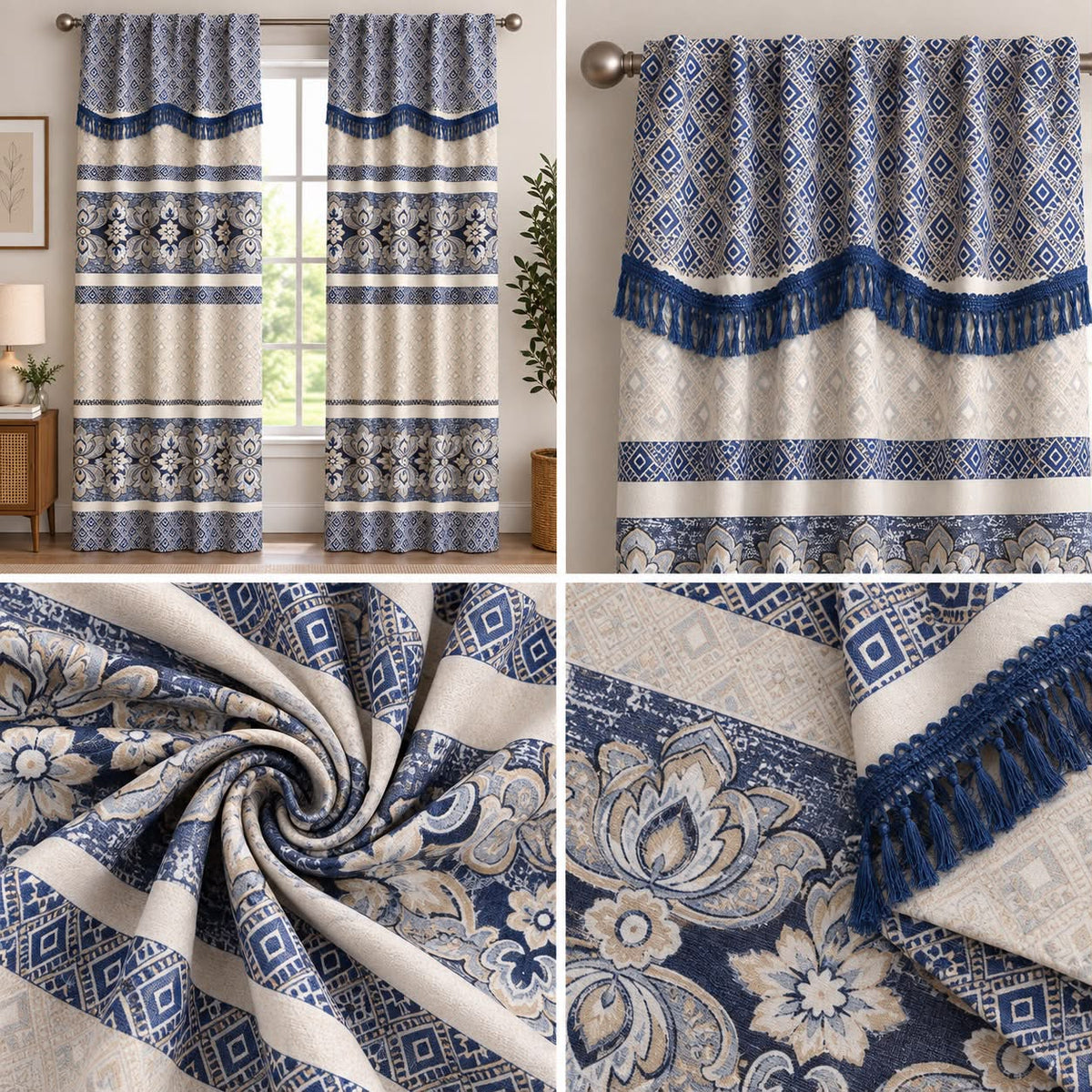 Geometric Floral Curtain Set with Fringe Trim – Navy Blue & Cream