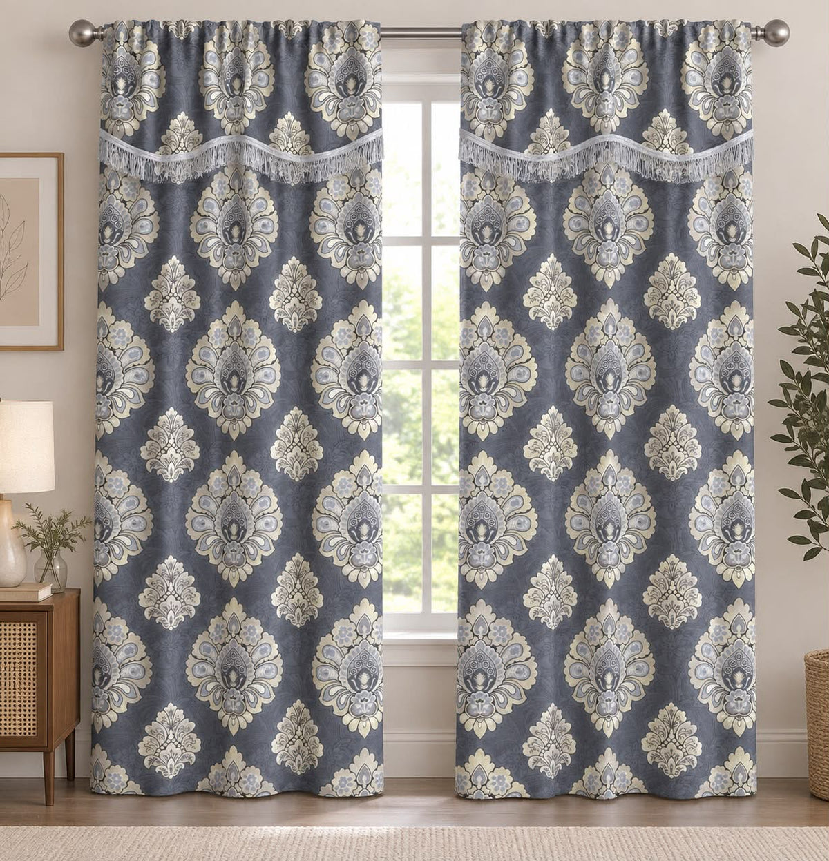 Damask Curtain Set with Decorative Fringe – Blue Grey & Cream
