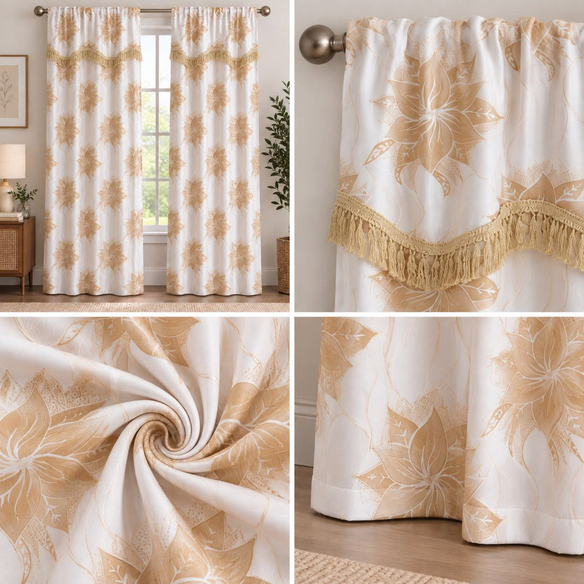 Floral Curtain Set with Decorative Fringe – Cream & Beige