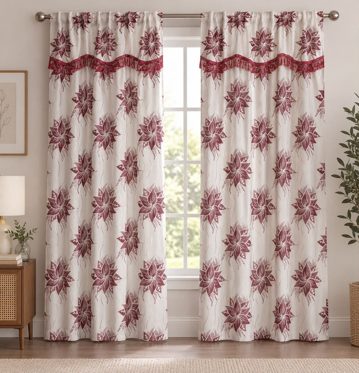 Floral Window Curtain Set with Decorative Fringe – Burgundy & Cream