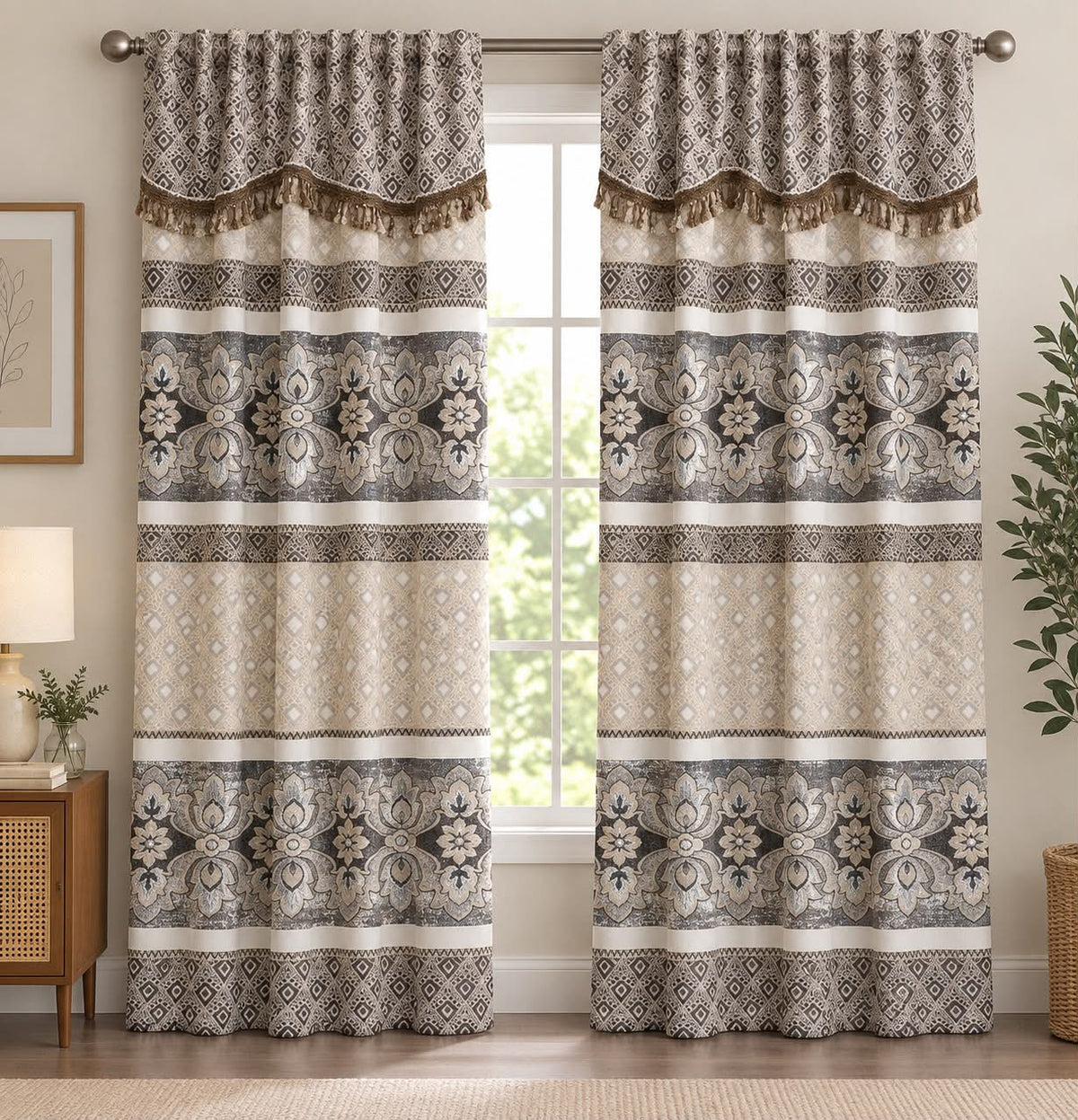 Geometric Floral Curtain Set with Tassel Trim – Beige & Grey