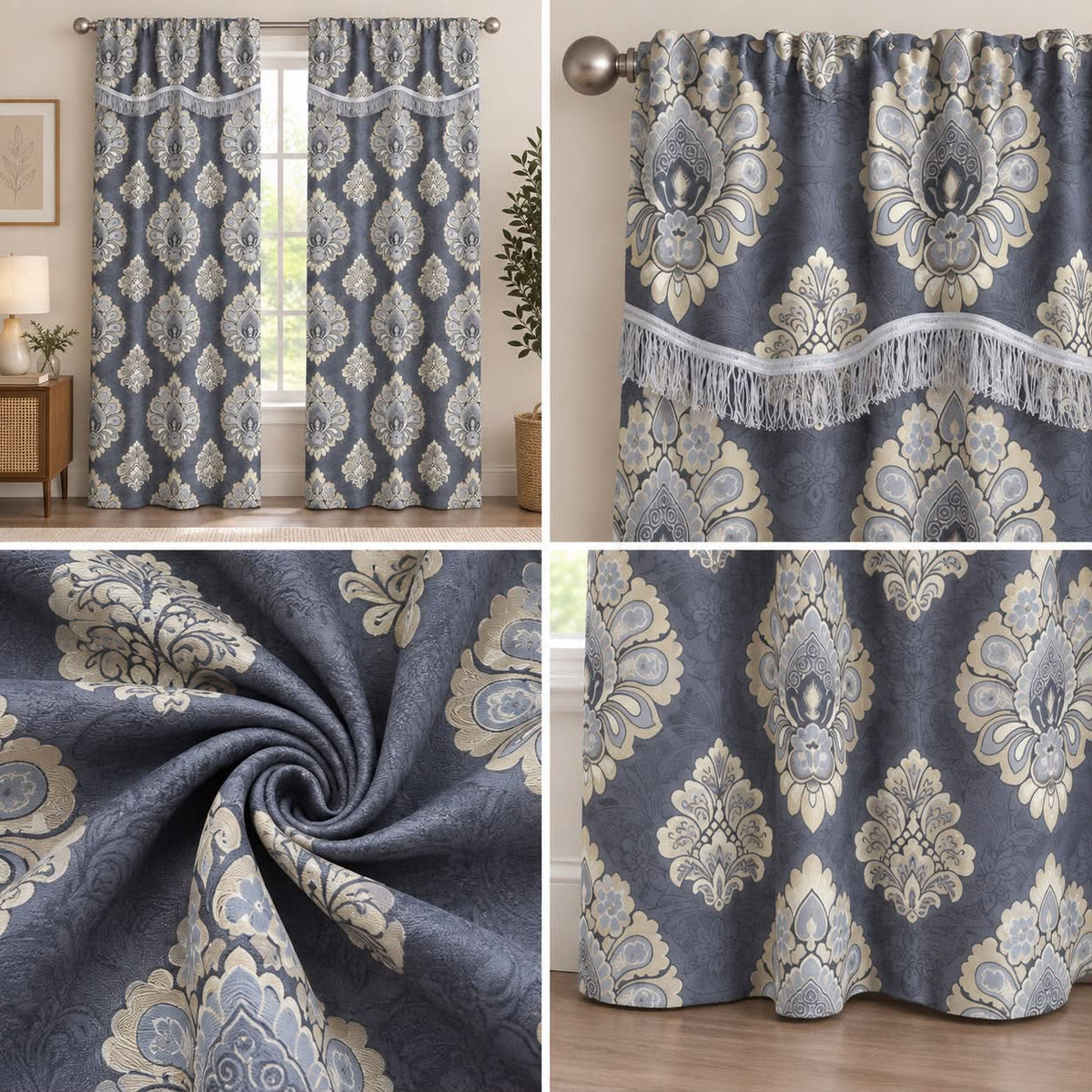 Damask Curtain Set with Decorative Fringe – Blue Grey & Cream