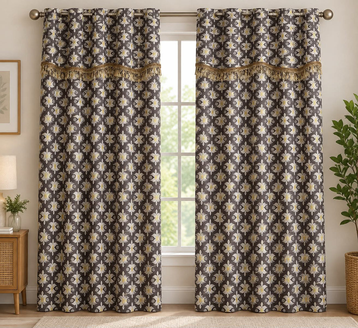 Decorative Floral Eyelet Curtain Set with Tassel Trim – Charcoal & Gold