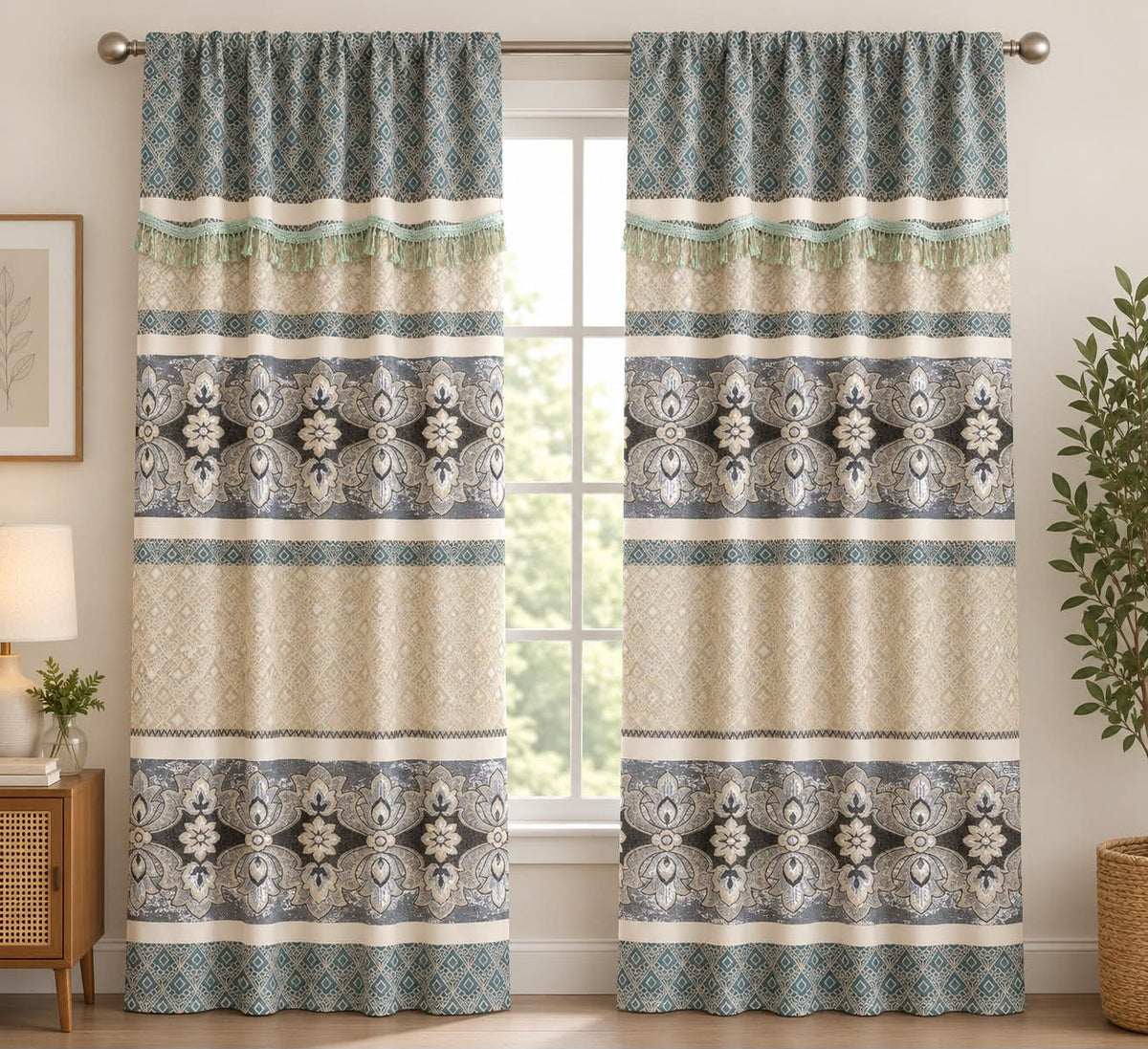 Geometric Floral Curtain Set with Tassel Trim – Teal & Cream