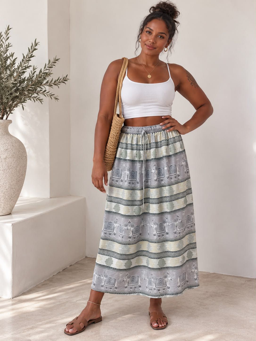 Ladies Bali Print Drawstring Long Skirt – Free Size