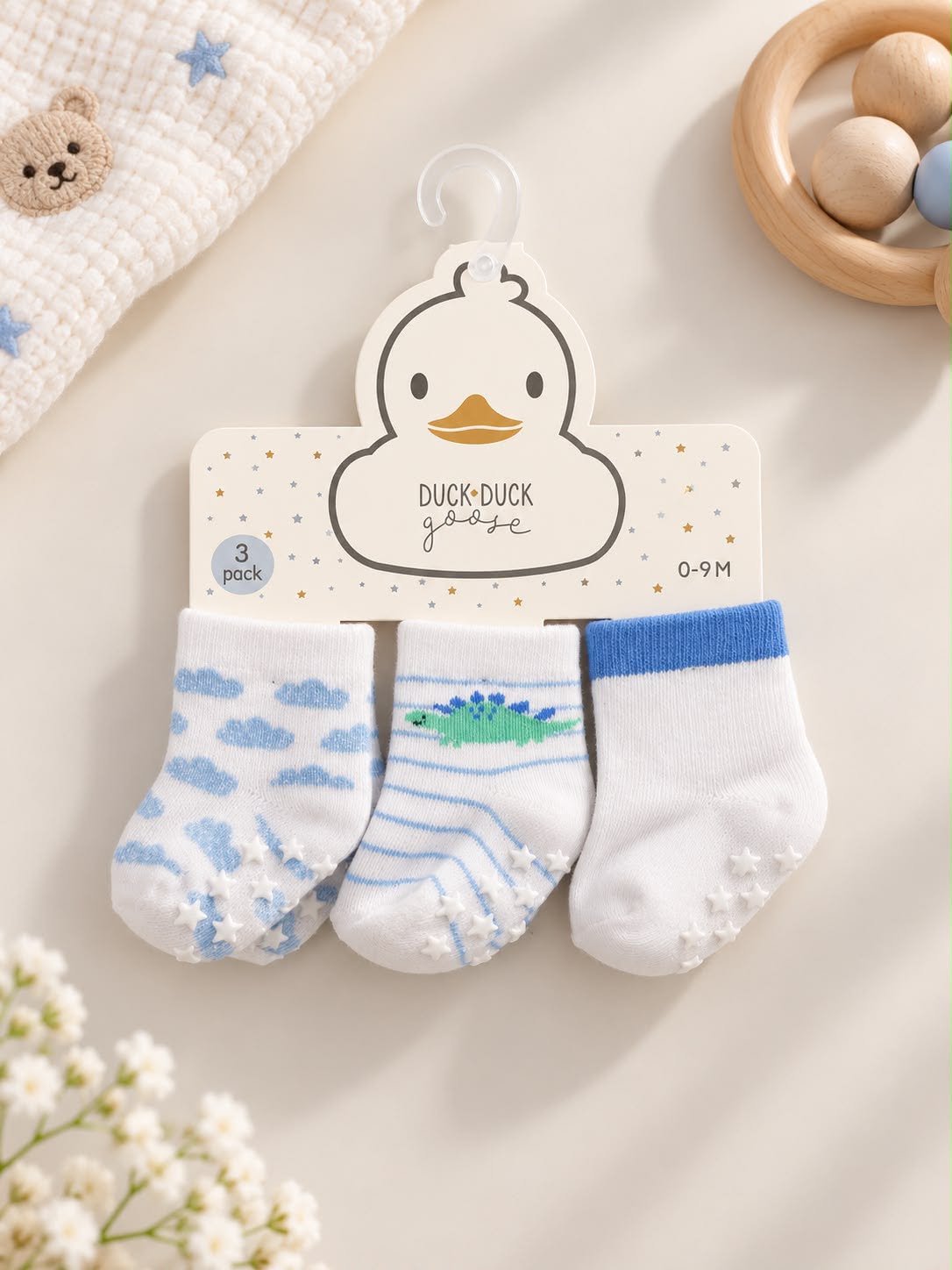 Baby Grip Socks – 3-Pair Dinosaur & Cloud Set (0–9 Months)