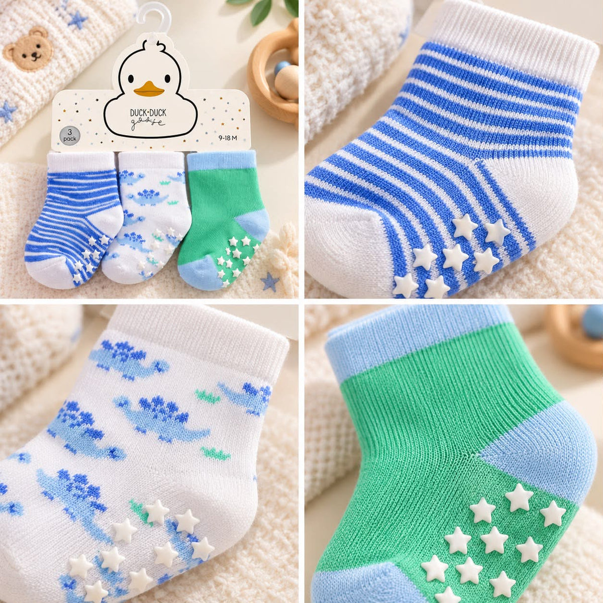 Baby Grip Socks – 3-Pair Blue & Green Dinosaur Set (9–18 Months)