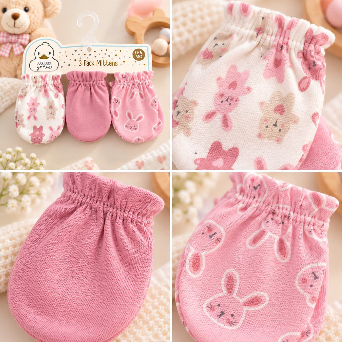Baby Scratch Mittens – 3-Pair Pink Bunny Set (0–6 Months)