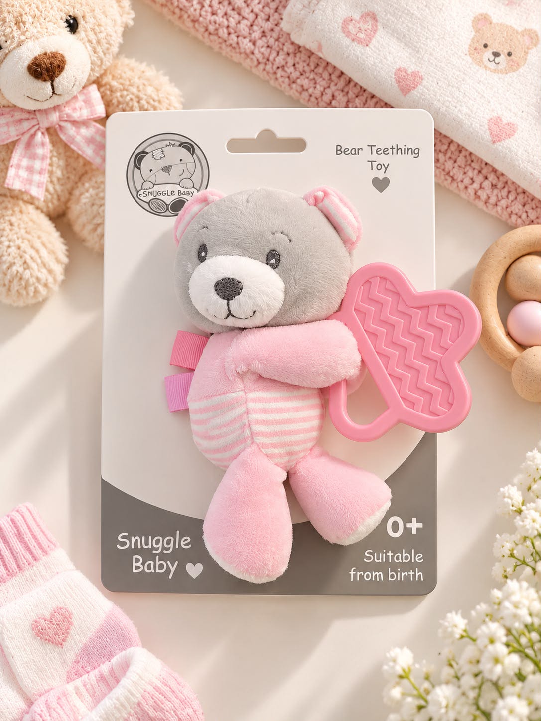 Snuggle Baby Plush Bear Teething Toy – Pink or Blue
