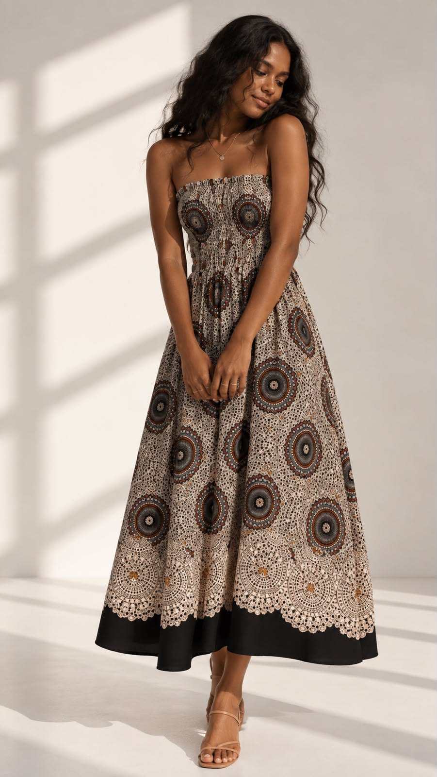 Bohemian Lace Medallion Smocked Maxi Dress