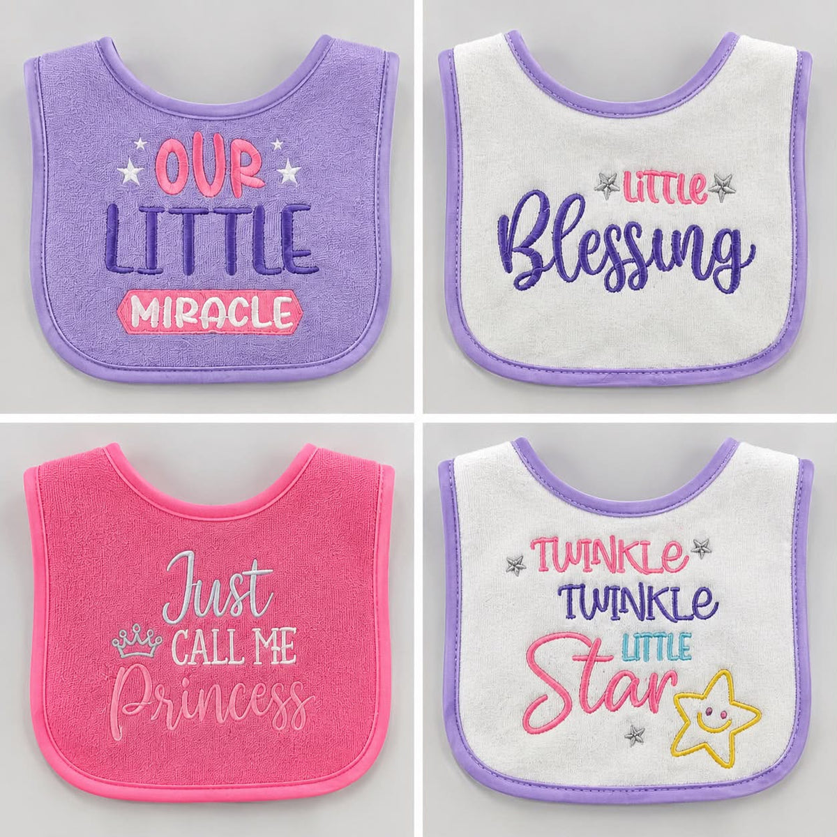 Baby Embroidered Bibs – 4-Piece Pink & Purple Set