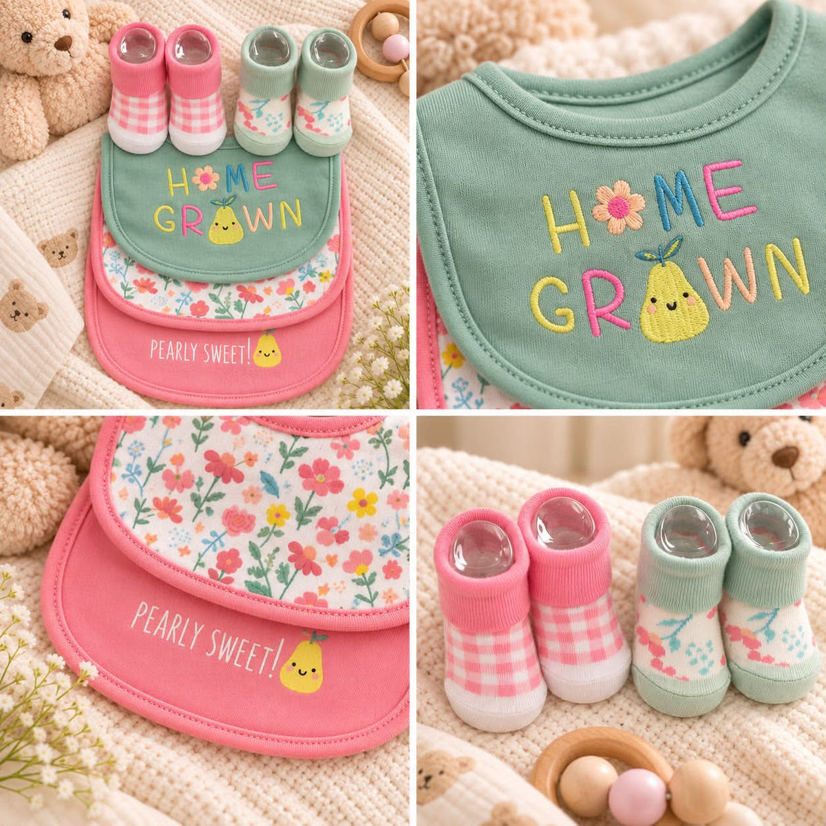 Baby Bib & Sock Set – 5-Piece Pink & Sage Floral