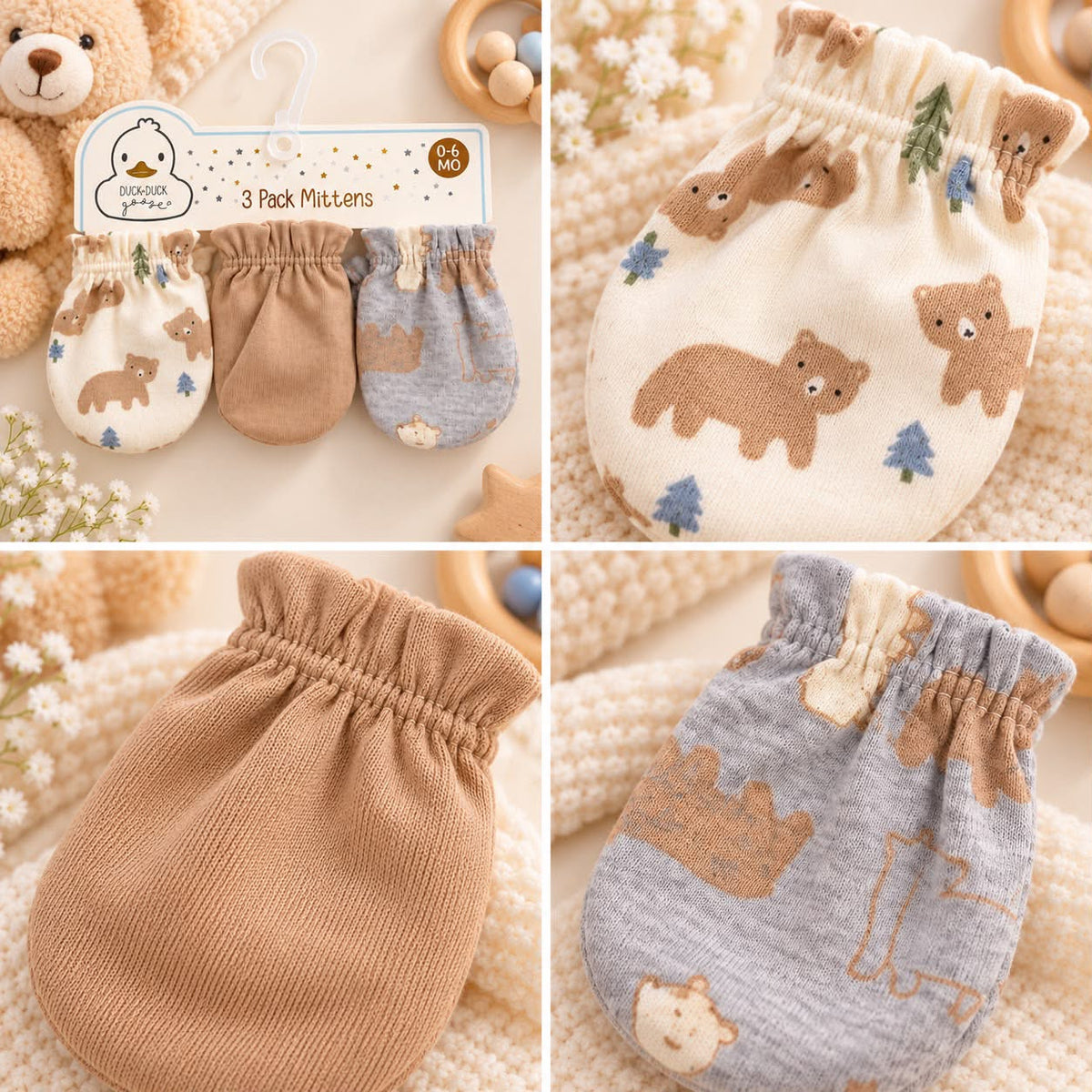 Baby Scratch Mittens – 3-Pair Bear Set (0–6 Months)