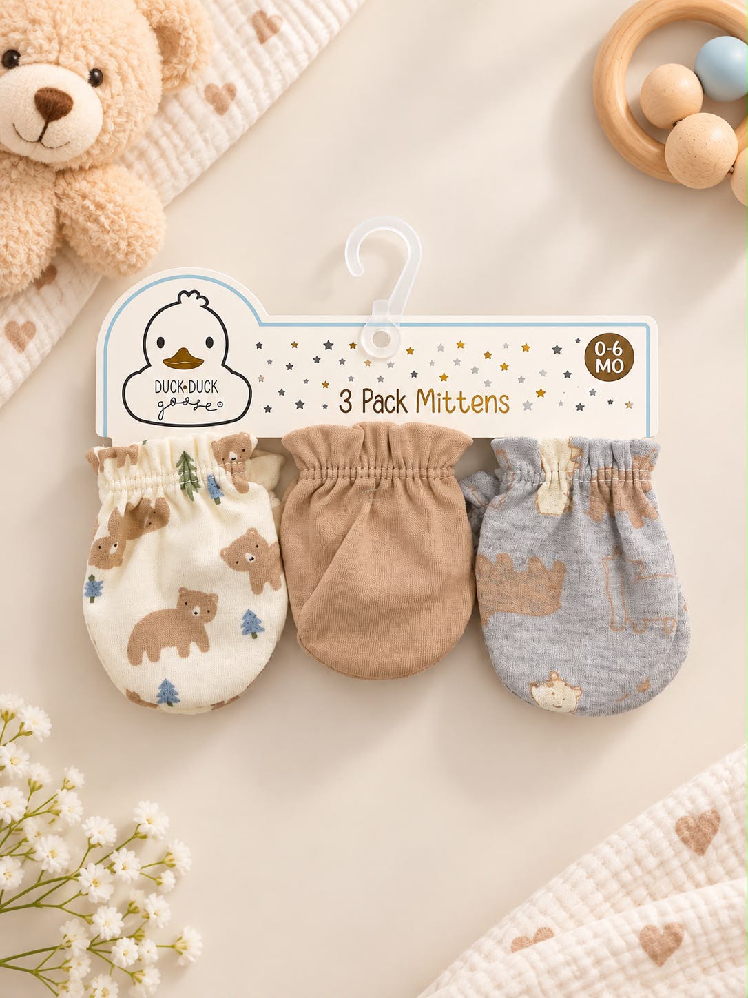 Baby Scratch Mittens – 3-Pair Bear Set (0–6 Months)