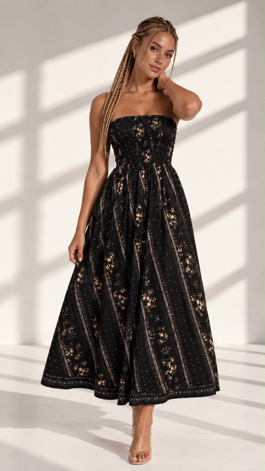 Midnight Blossom Smocked Maxi Dress
