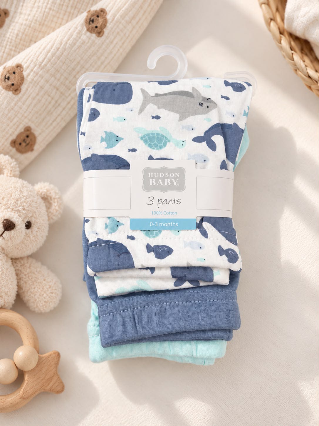 Hudson Baby Cotton Pants 3-Pack – Ocean Animals (0–12 Months)