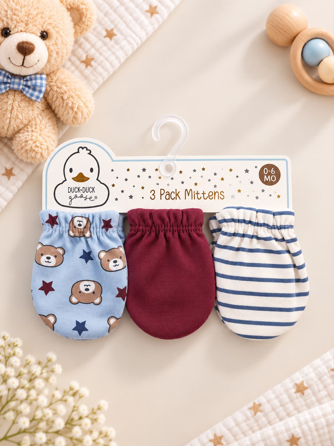 Baby Scratch Mittens – 3-Pair Bear & Stripe Set (0–6 Months)