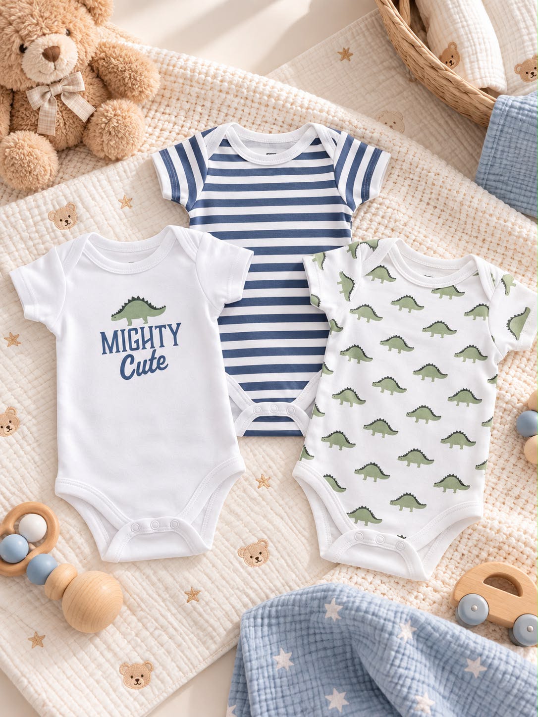 Baby Short Sleeve Bodysuits – 3-Piece Dinosaur & Stripe Set