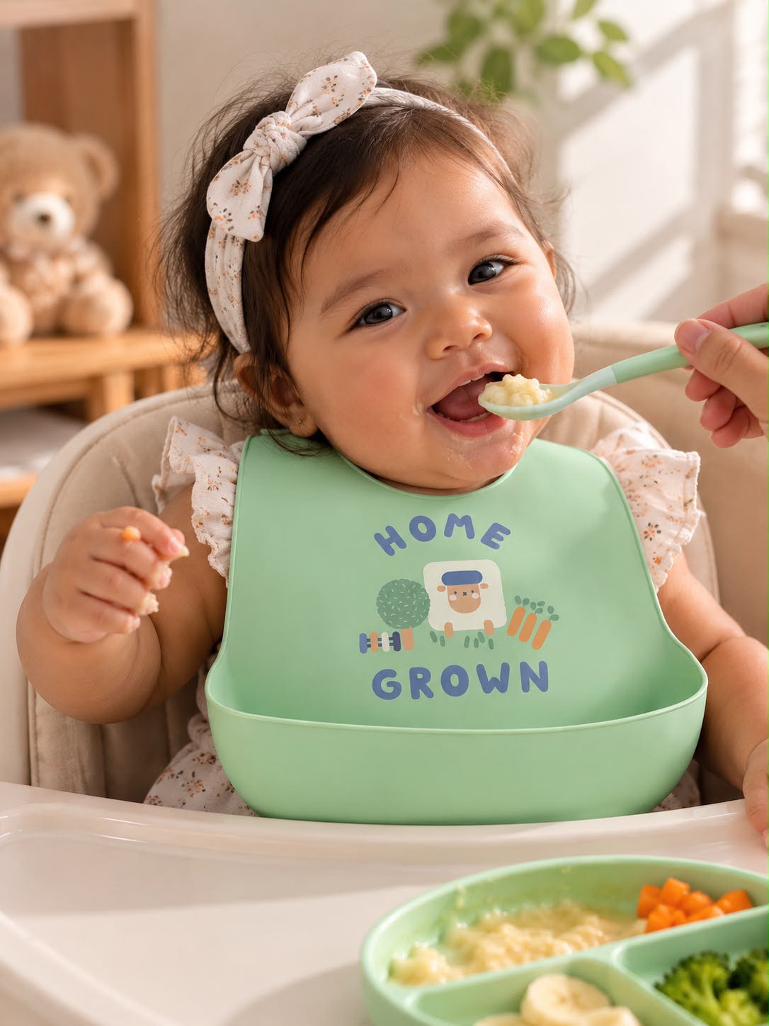 Baby Feeding Bib with Catch Pocket – Home Grown Green