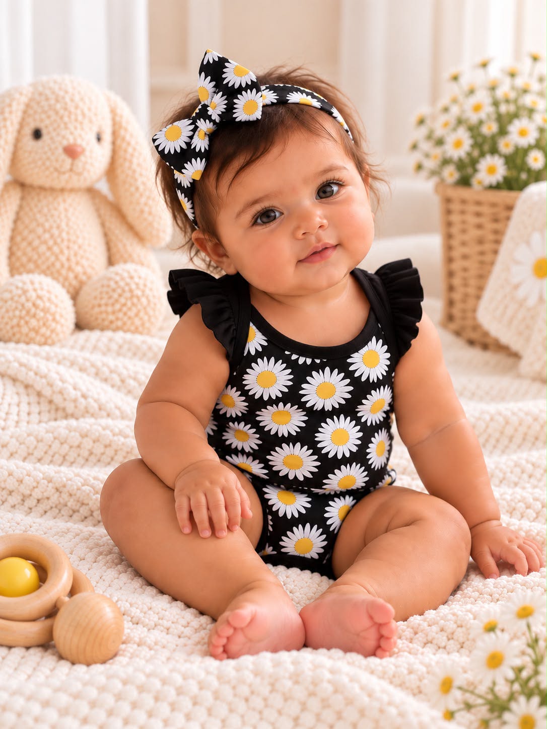 Baby Girls’ Frill Bodysuits & Bow Headbands – 6 Piece Set