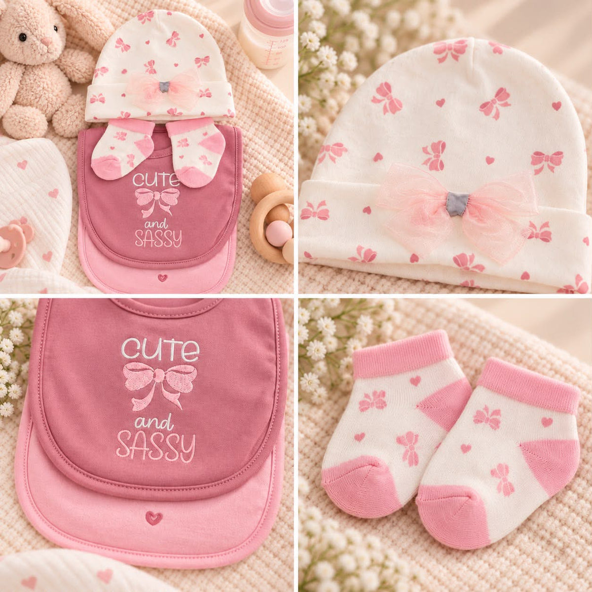 Baby Hat, Bib & Sock Set – Pink Bows & Hearts