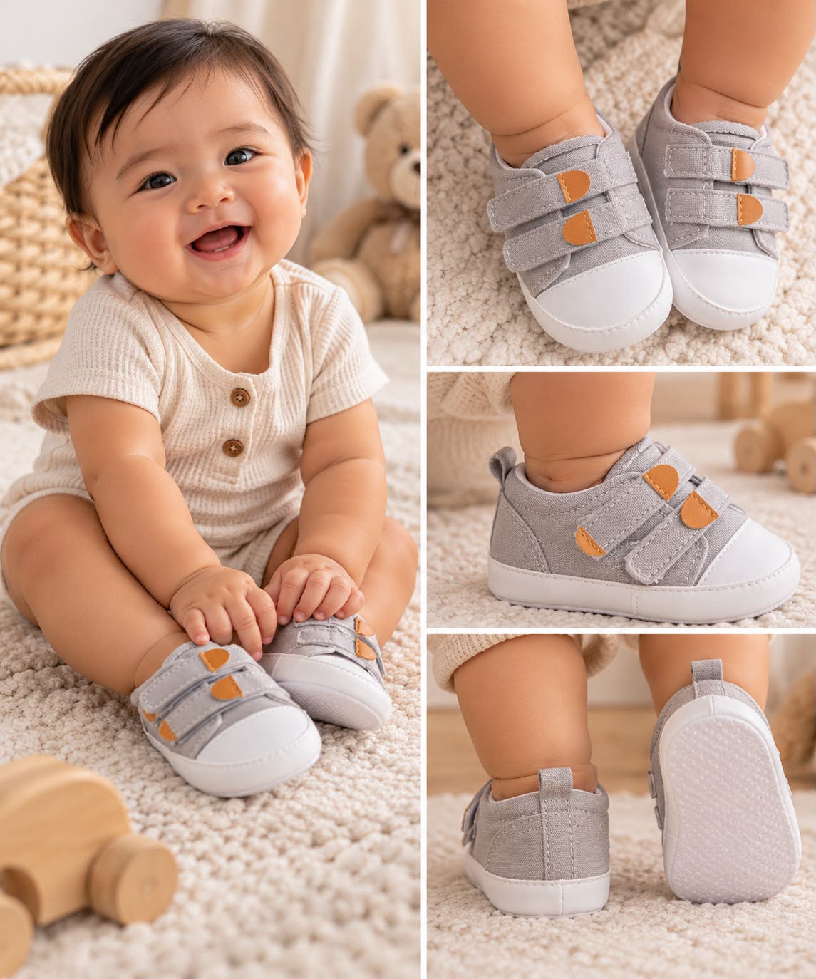 Baby Double-Strap Shoes – Grey & White