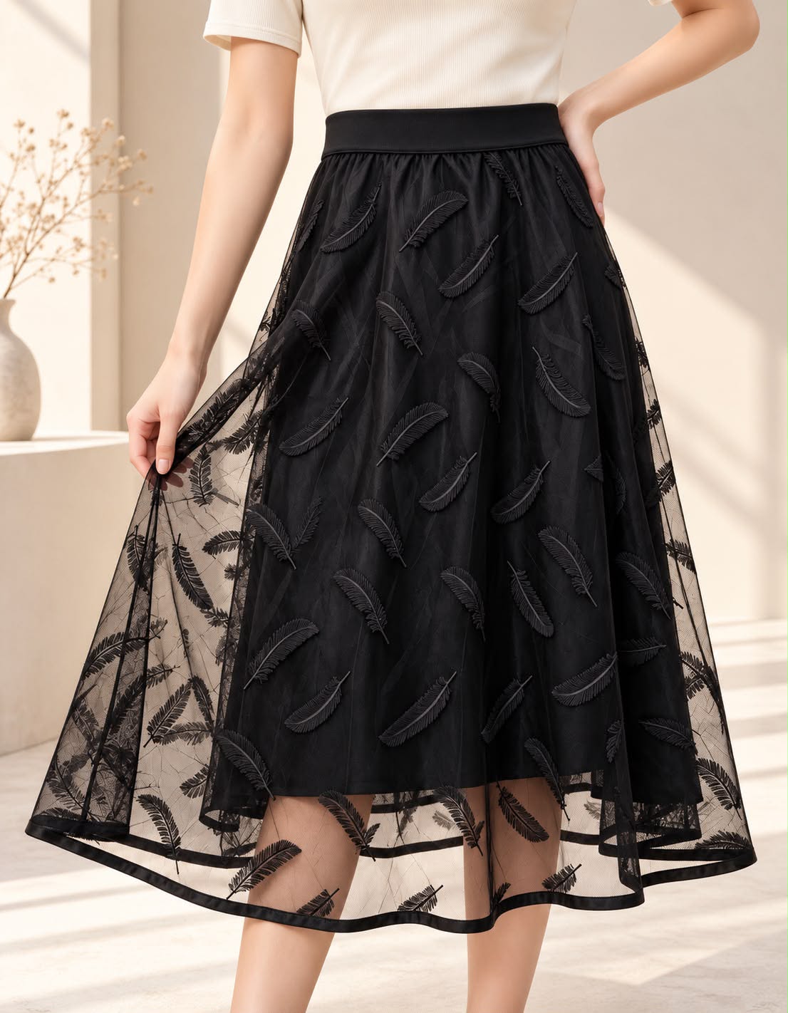 Feather Embroidered Mesh Midi Skirt – Black