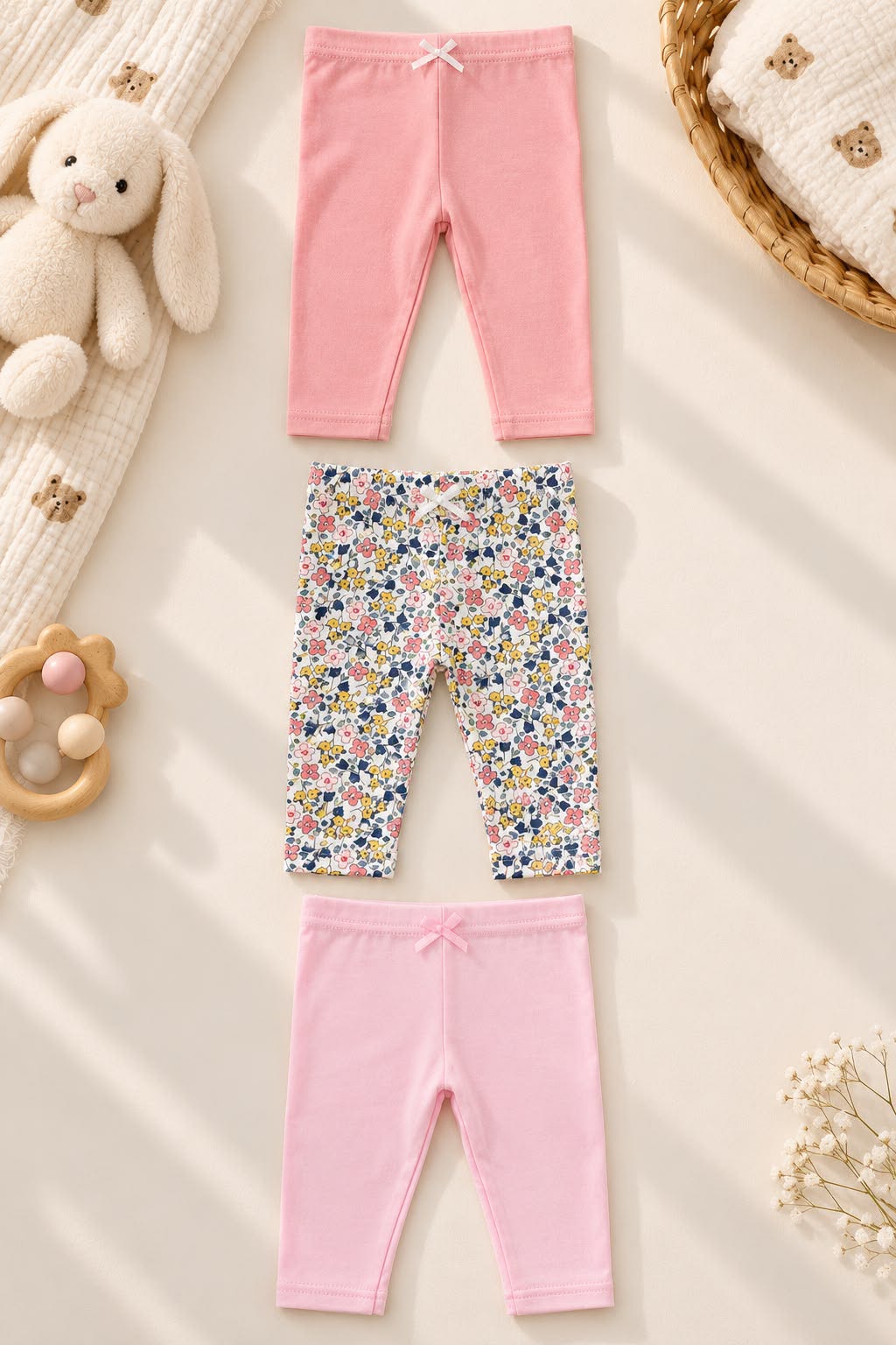 Hudson Baby Girls’ Cotton Pants 3-Pack – Pink & Floral (0–12 Months)